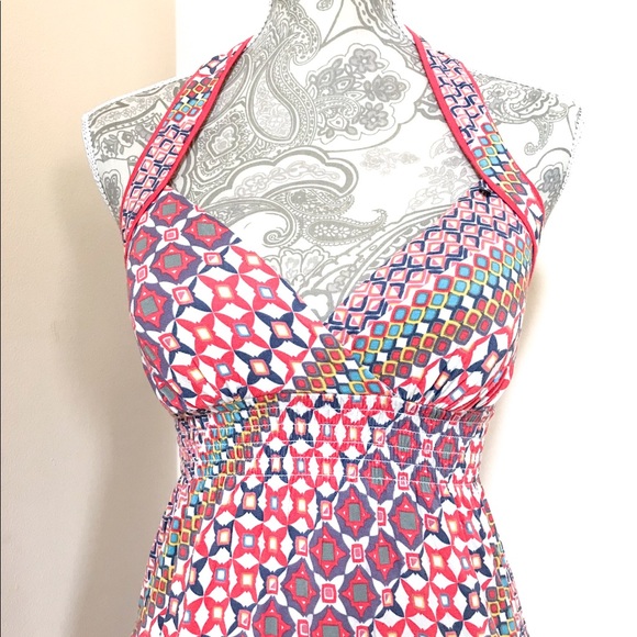 Guess Ruffle Halter Dress Multi Color Modern Print - Picture 2 of 6